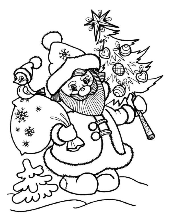 Święty Mikołaj niesie choinkę kolorowanka do druku